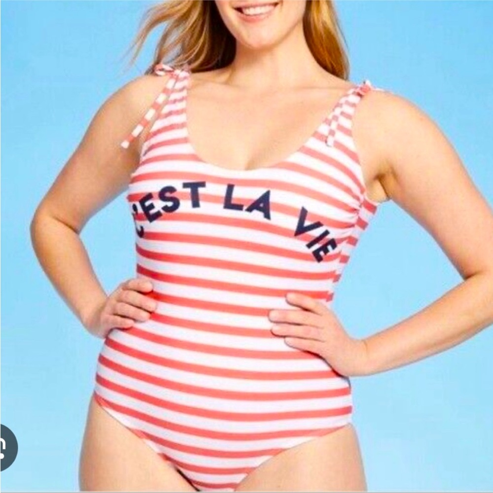 NWT Kona Sol Stripped Coral Red Orange White C’est La Vie One Piece Swimsuit XL